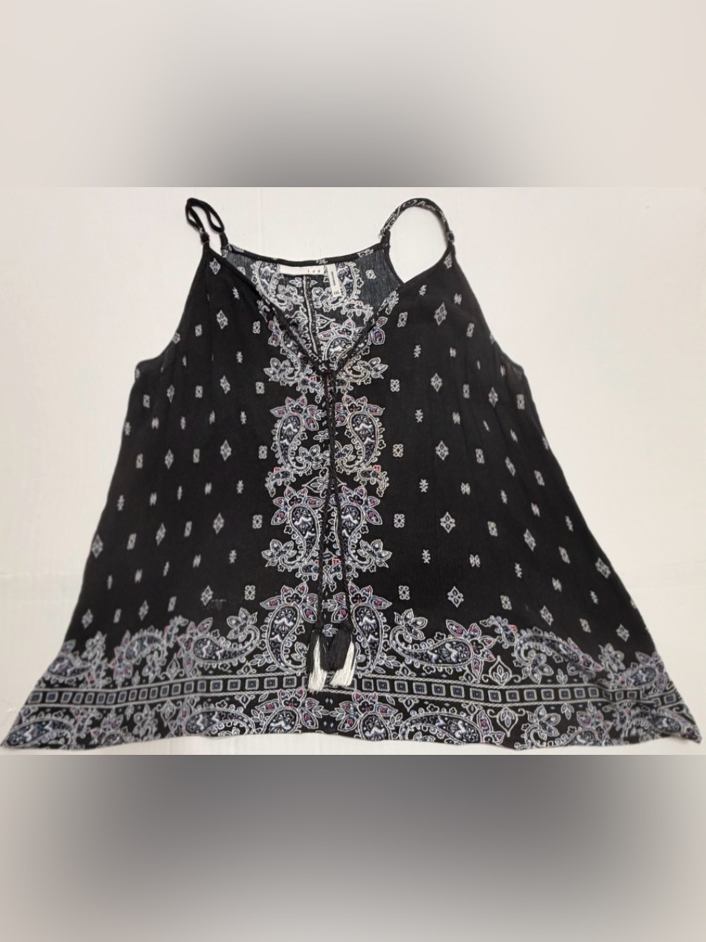 Black Paisley-Print Women's Camisole Tank with Tassel Detail